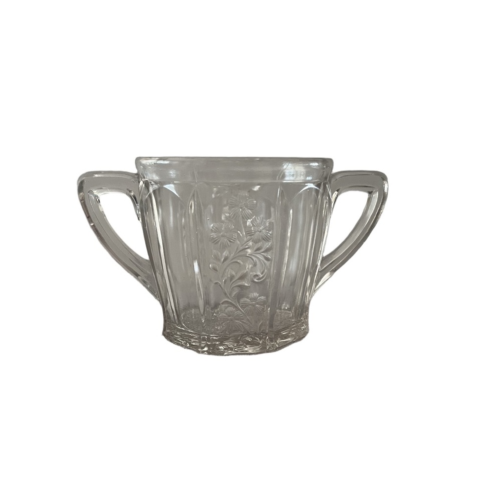 Vintage Clear Glass Sugar Bowl with Double Handles – Pressed Floral Design